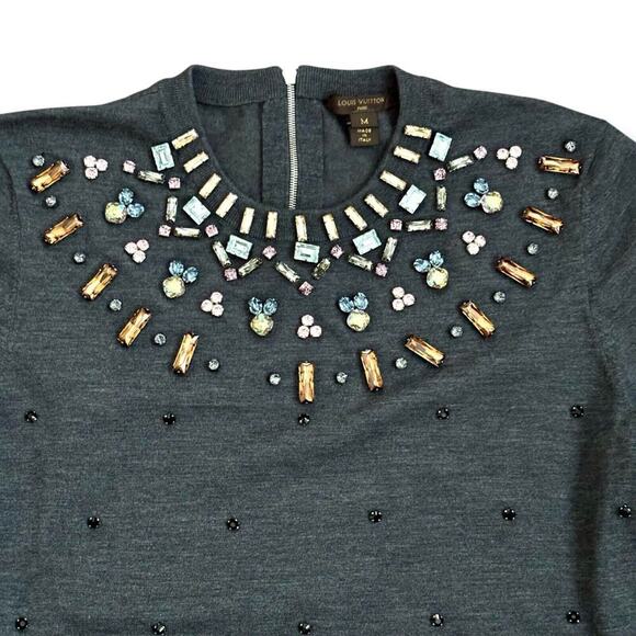 Louis Vuitton Size M Gray Wool Jewel Beaded Neckline Short Sleeve Sweater - Picture 3 of 9
